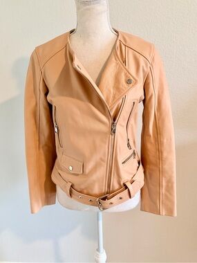 Uterque Rose Pink Leather Moto Jacket